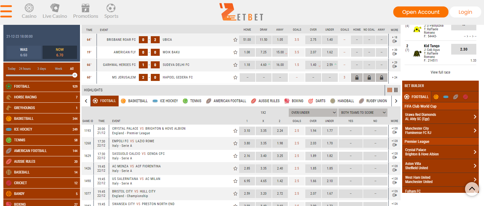 Sports betting home on the zetbet site - screen sho